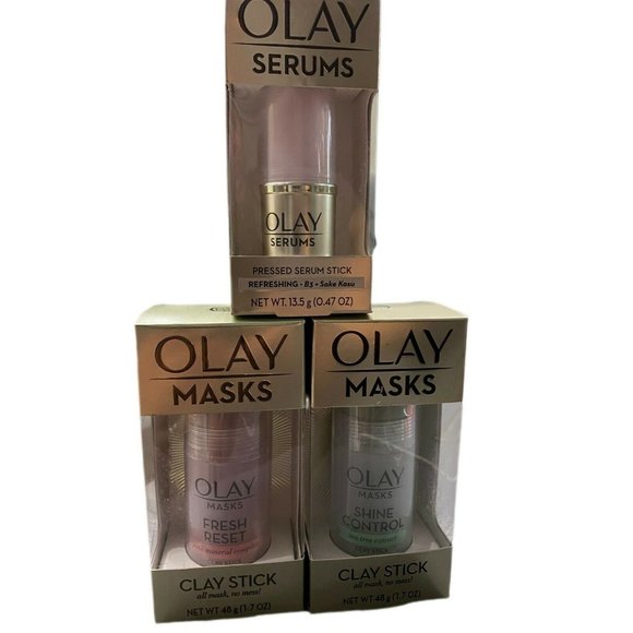 NEW (3) Olay Masks Clay Stick  Shine Control,  Fresh Reset and Serum B3 + Sake - Picture 1 of 3